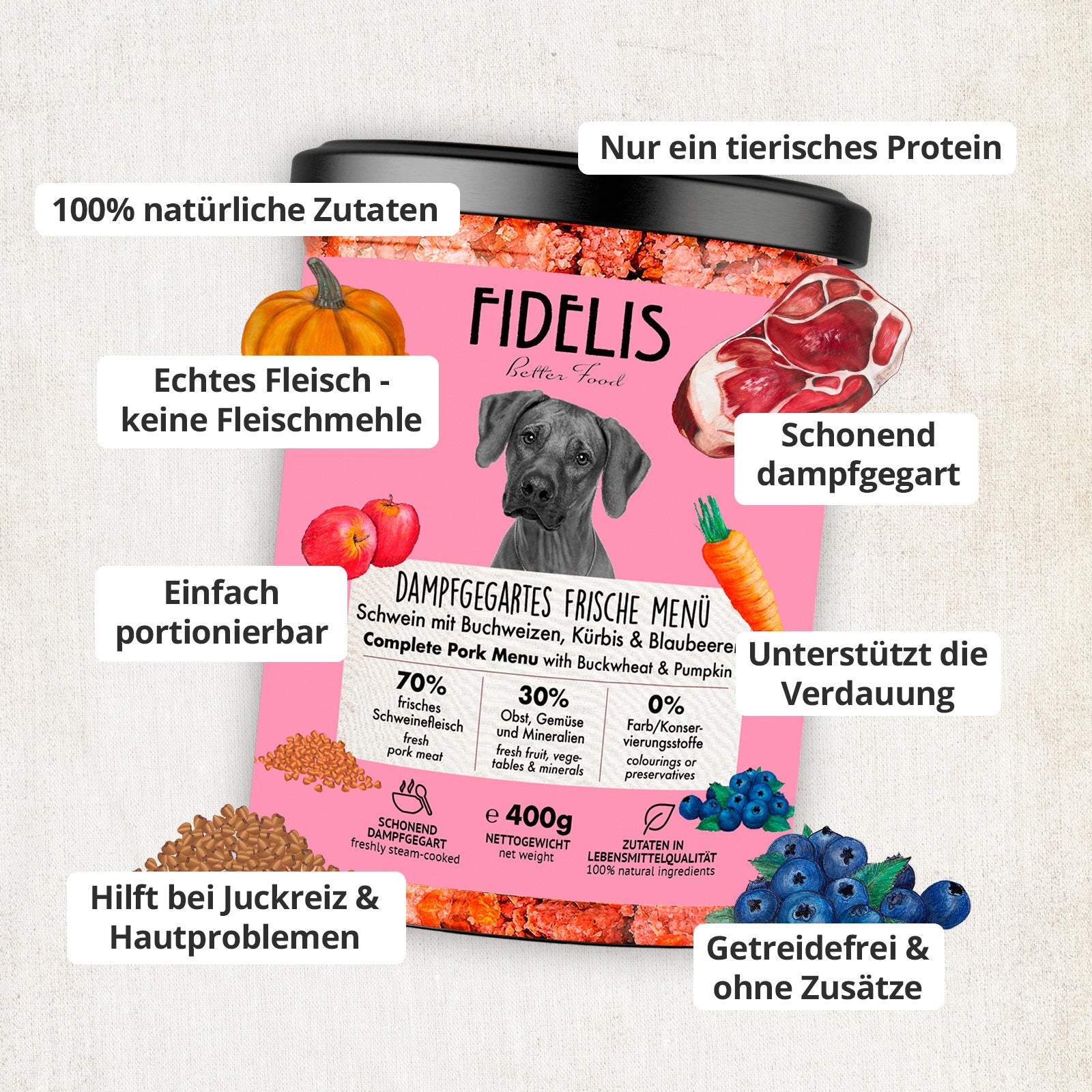 Schwein mit Kürbis, Karotte und Blaubeeren (im Glas)
